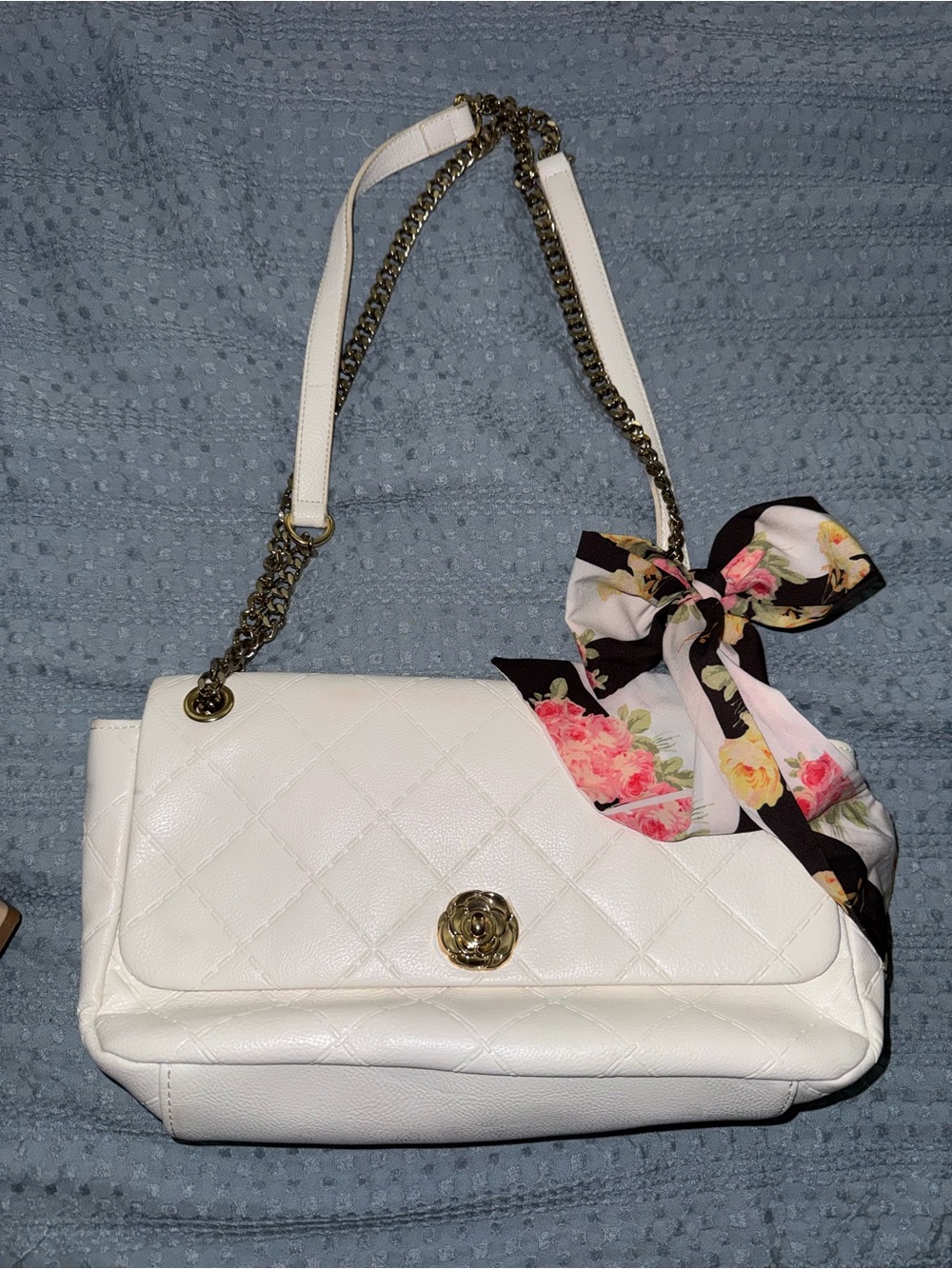 Betsey Johnson White Quilted Shoulder Bag with Floral Scarf Accent